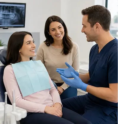 A dentist in scrubs talks with a seated patient and the woman with her