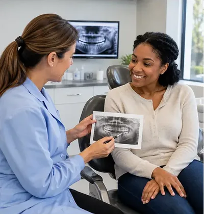 A clinician shows a panoramic X-ray print to a seated patient