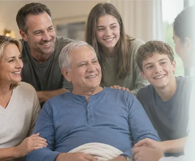 Three generations of a family gathered around an older man in a dental chair